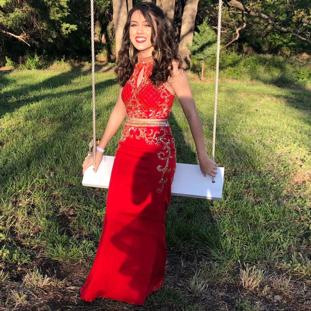 Red Prom Dress with Gold Sequins and Beading
